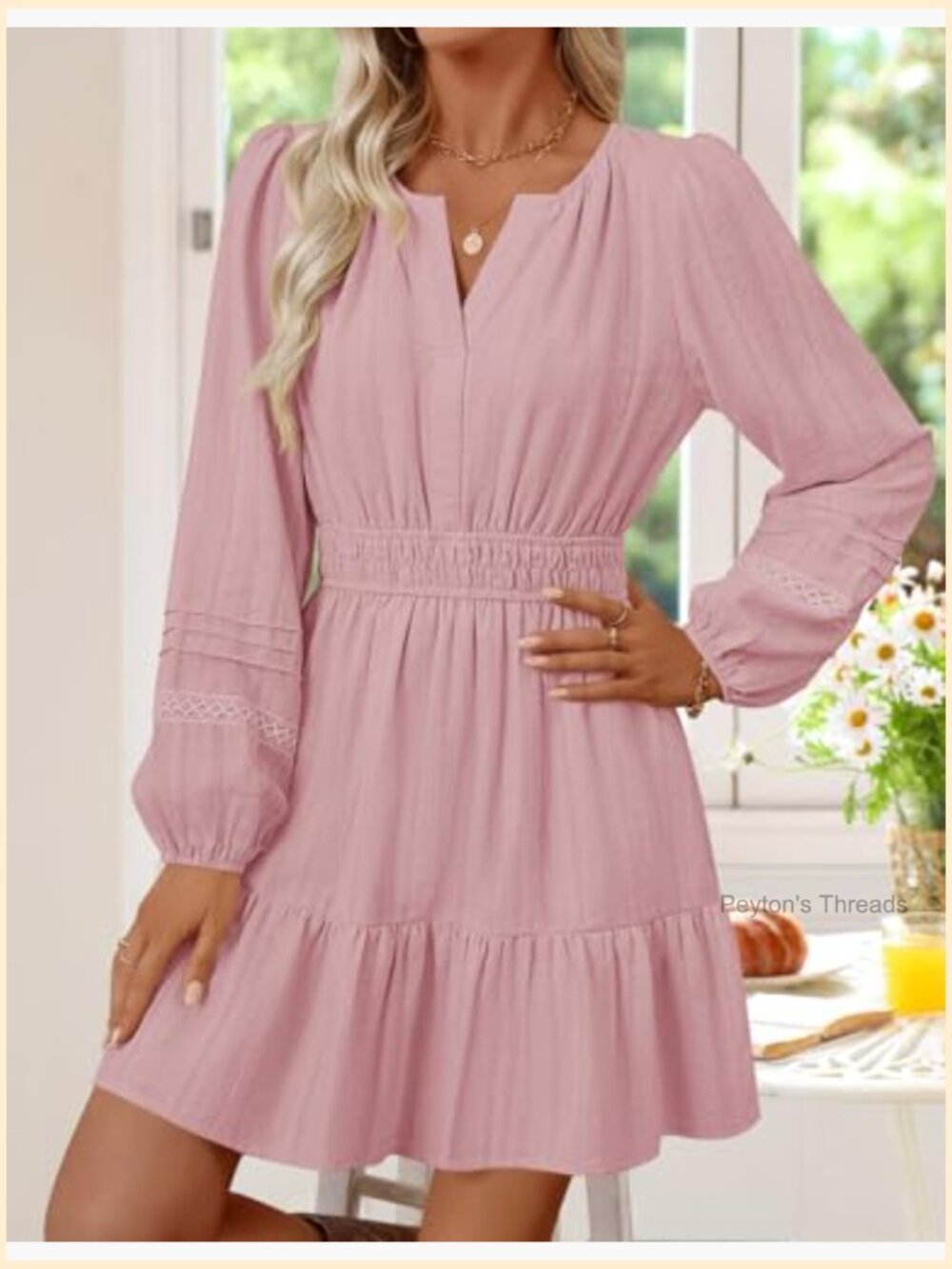Long Sleeve V Neck Mini Dress Ruffle Pleated A Line Party Dress - Picture 4 of 7